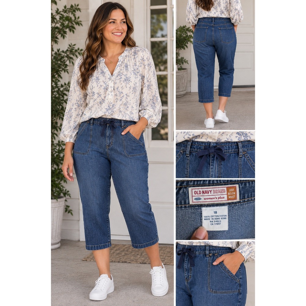 Old Navy Womens 18 Plus Denim Capri Pants Blue 100% Cotton Drawstring Y2K